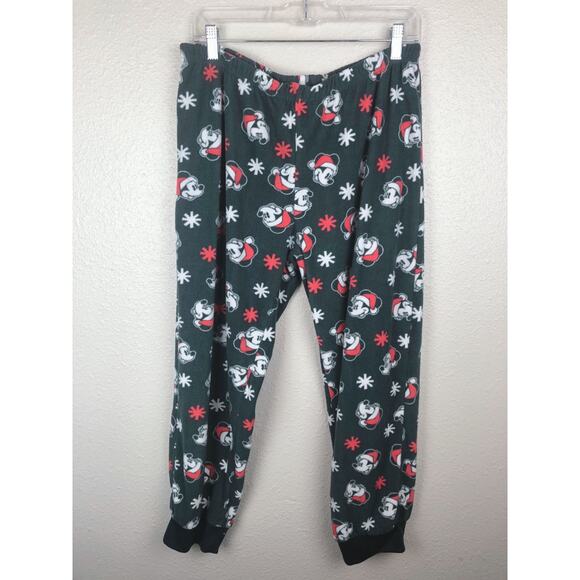 Disney Mickey Mouse Santa Hat Christmas Print Dark Green Jogger Pajama Pants - Picture 2 of 7